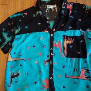 Bali camp shirt blouse abstract designs turquoise black pink large